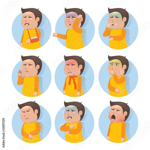 Collection of human boy with illnesses concept