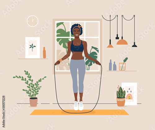 Young african american woman jumps skipping rope. Black female character playing sport at home or studio. Concept woman, person indoor fitness activities. Trendy flat vector illustration.