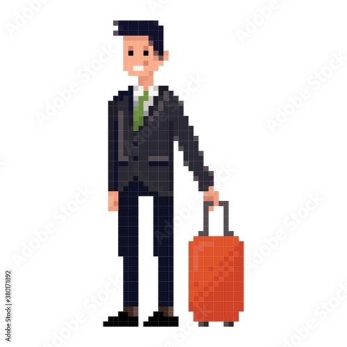 Pixel art businessman with luggage