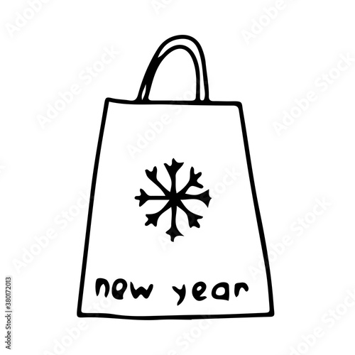 Gift Christmas bag. Festive paper bag with snowflake for mobile concept and web design. Vector graphics in doodle outline style.