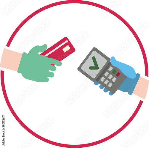 A hand in a glove holds a credit card, a bank payment terminal for non-cash payments. Safe non-cash payment by credit card. Vector illustration. Flat infographics..