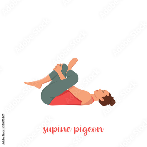 Art & IllustrationBeautiful young model working out at home, doing yoga exercise on floor, lying in Eye of the Needle hip stretch pose (Dead or Reclining Pigeon posture), resting after practice. Full 