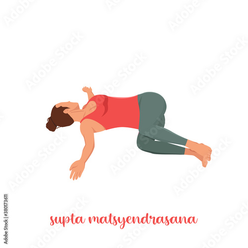 Supta Matsyendrasana yoga pose (Reclined Spinal Twist pose). Yoga poses woman isolated with white background. Yoga pose set. Mindfulness and Spiritually concept. Girl practicing Hatha Yoga asanas.