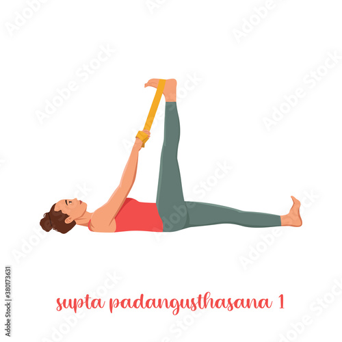 Young attractive woman doing stretching yoga exercise called Supta Padangusthasana, isolated on white background.
