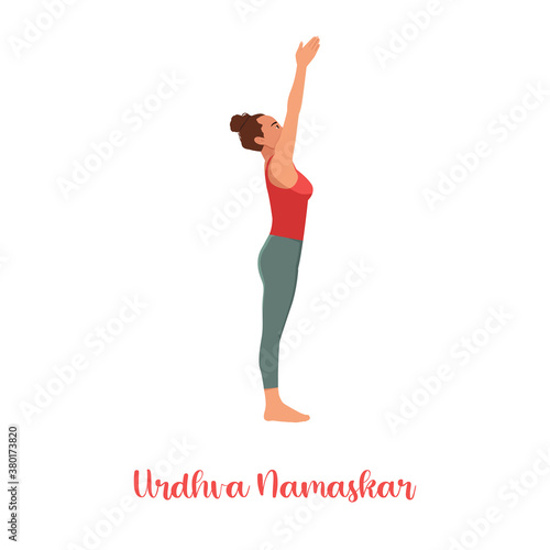 lady doing yoga class. Vector illustration isolated on white. Online home workout. Body positive. Attractive woman. Urdhva Dhanurasana, Upward Bow or Wheel Pose.