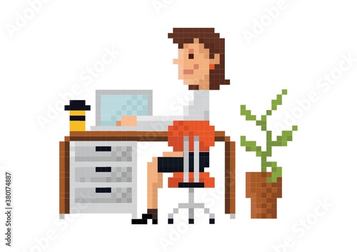 Pixel art businesswoman at work