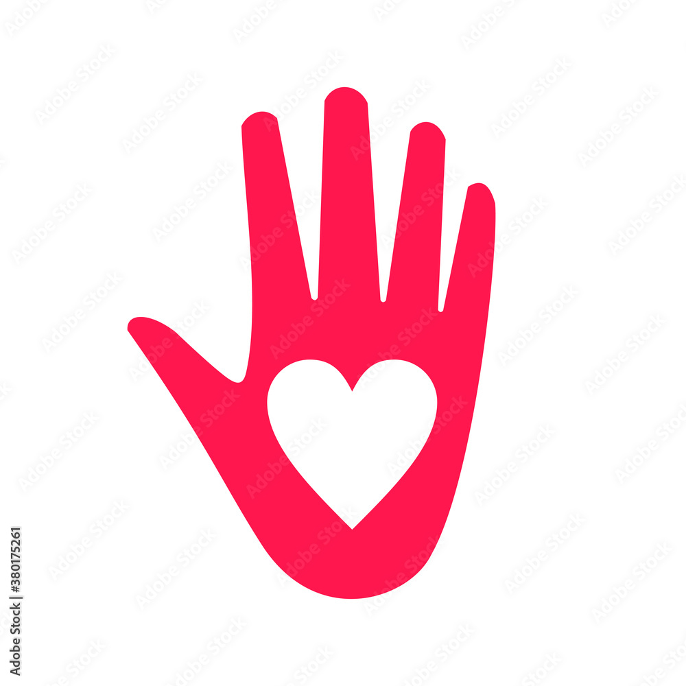 Hand with heart, symbol of peace, help, cooperation or charity and volunteering, color vector illustration in flat style. Color isolated image on a white background Hand with heart, symbol of peace, help, cooperation or charity and volunteering, color vector illustration in flat style. Color isolated image on a white background