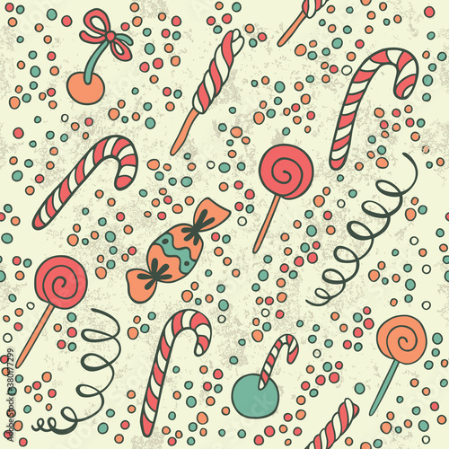 Merry Cristmas. Seamless pattern with sweets, streamer and confetti.