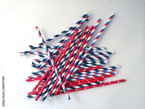 Red, white and blue American patriotic paper bevarage straws in a group photo
