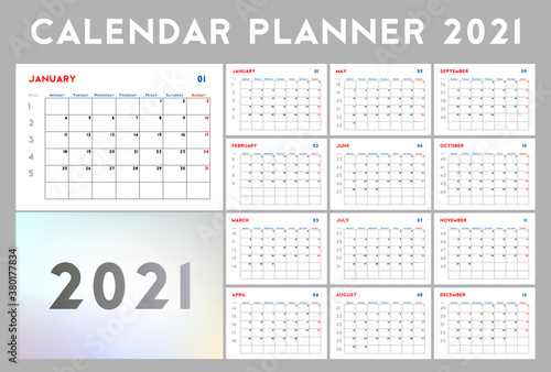 2021 calendar planner with week numbers, basic design template. The week starts on Monday. Set of 12 months, vector illustration EPS 10