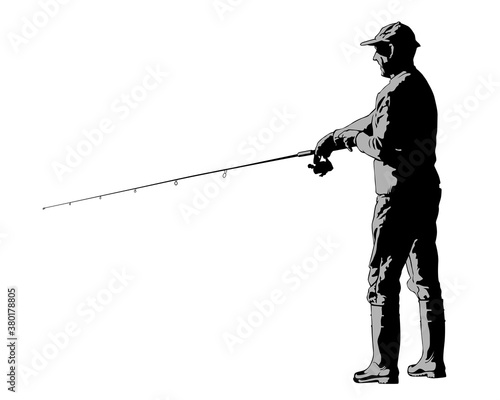 Fisherman with a fishing rod on shore. Isolated silhouette of a man on a white background