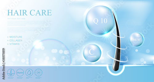 Hair care products, prevent split ends serum shampoo, cosmetics concept, vector illustration.