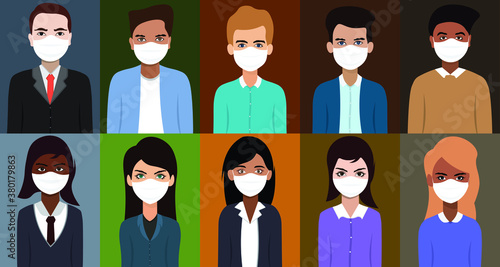 Icon set of business man and business woman wearing medical mask in flat style
