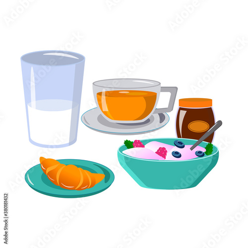  Breakfast cottage cheese and berries, croissant, milk and tea.Vector illustration isolated on white background. For cafes, menus and decor.