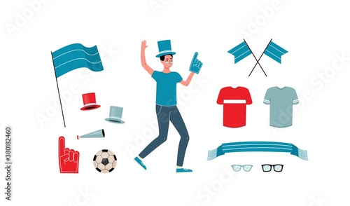 Football fan and sport paraphernalia set - cartoon man in team gear