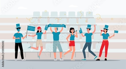 Sport fans cheers their team on sport competition, flat vector illustration.