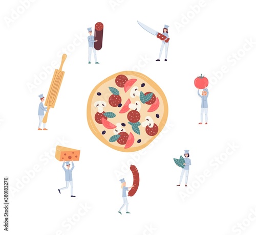 Tiny chiefs characters around huge pizza, flat vector illustration isolated.