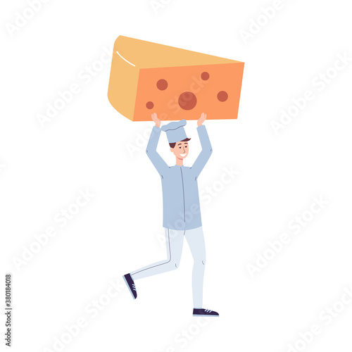 Chief cook carrying huge piece of cheese flat vector illustration isolated.