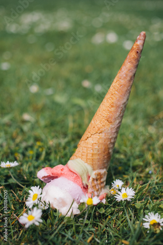 A spilled icecream on the grass