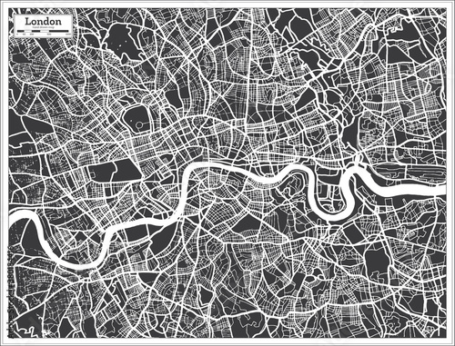 London UK City Map in Black and White Color in Retro Style.