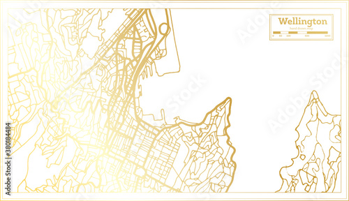 Wellington New Zealand City Map in Retro Style in Golden Color. Outline Map.