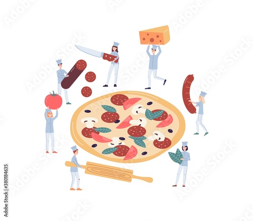 Chef people cooking giant pizza - cartoon cooks cutting food ingredients