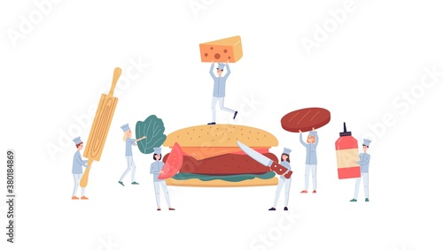 Tiny cooks or chiefs gathering a giant burger flat vector illustration isolated.