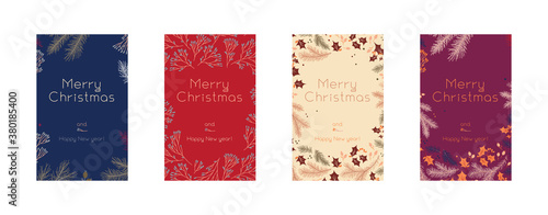 Vintage Christmas banners set with isolated tree branches. Calm winter sale fair — flyer, poster with soft Xmas floral pattern. Old fashioned New Year greeting card. Holidays banners.