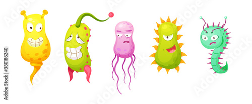 Microorganism, bacteria, microbes, cute germs, virus cell, bacillus with funny smiley faces. Viruses bacteria emoticon, microbe monsters smiling pathogen microbes coronavirus cartoon characters