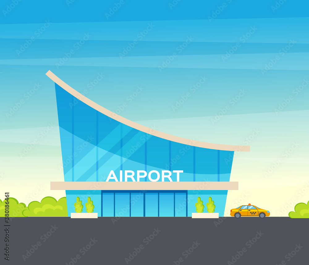 Airport terminal building and airplanes, taxi, car, loader. Airplane on the runway an forests and trees background. Modern architecture building airport. Public transport, taxi cars vector Airport terminal building and airplanes, taxi, car, loader. Airplane on the runway an forests and trees background. Modern architecture building airport. Public transport, taxi cars vector