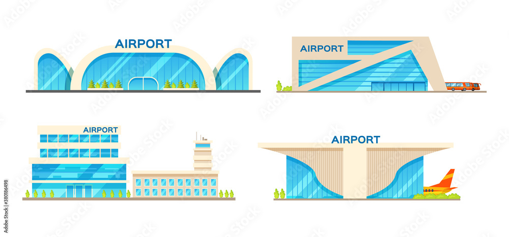 Airport building and airplanes, taxi, car, loader.