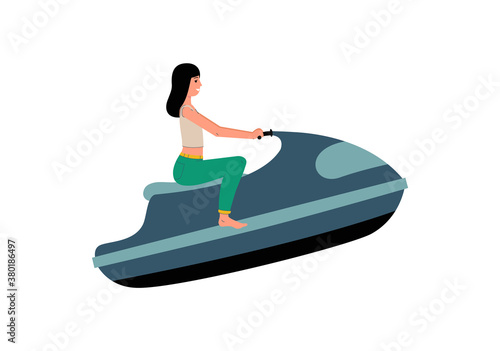 Cartoon woman riding water jet craft isolated on white background.