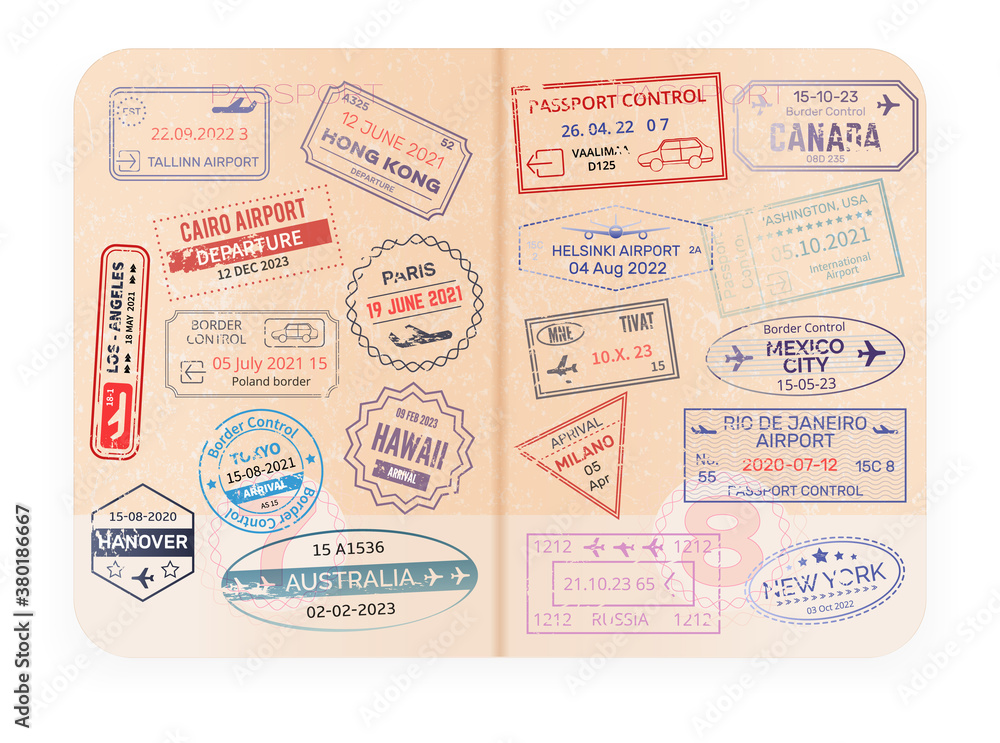 Stamp in passport for traveling an open passport. Document with watermarks  , visas. International arrival visa stamps vector Mexico, Australia, Hong  Kong, Canada,USA, New York, Hawaii, Paris Stock Vector | Adobe Stock