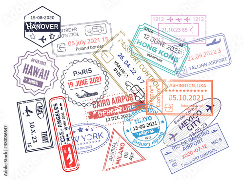 Stamp in passport for traveling an open passport. International arrival visa stamps vector Mexico, Australia, Hong Kong, Canada,USA, New York, Hawaii, Paris, Hanover