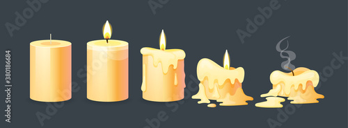 Burning candles flame set. Cartoon burning yellow wax candles on the different stages of burning from a whole before an extinguished candle to cinder vector