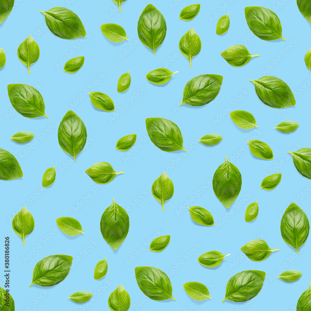 Italian Basil leaf herb seamless pattern on blue background