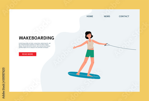 Website for wakeboarding kind of summer extreme sports flat vector illustration.