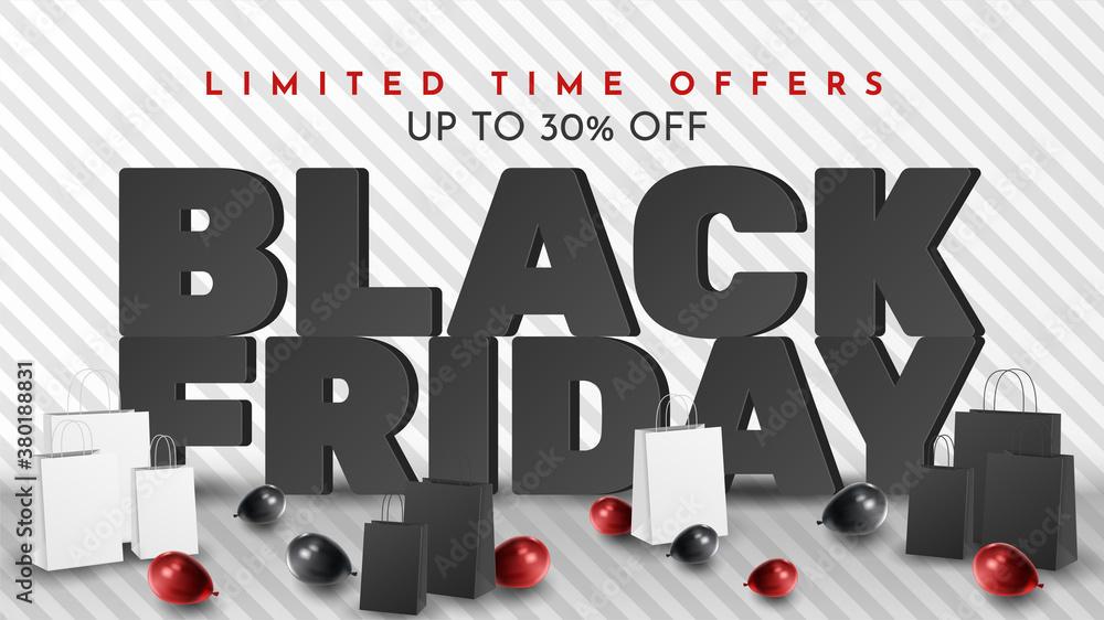Black Friday Sale Poster with Shiny Balloons on Black and White Background. Universal vector background for poster, banners, flyers, card Black Friday Sale Poster with Shiny Balloons on Black and White Background. Universal vector background for poster, banners, flyers, card