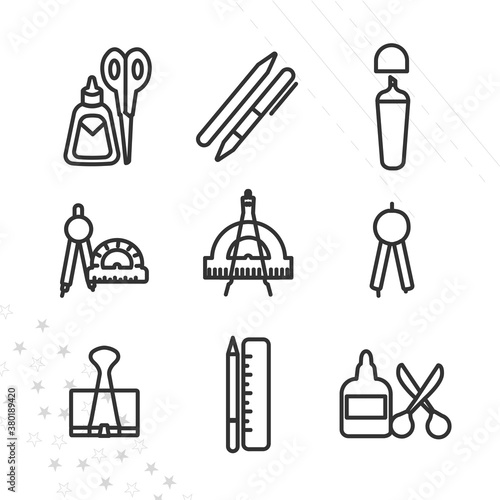 Ruler and pencil, paper glue, geometry compass, school chancery line icon set