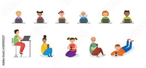 Kids characters with laptops and mobile phones communicate online a vector illustration