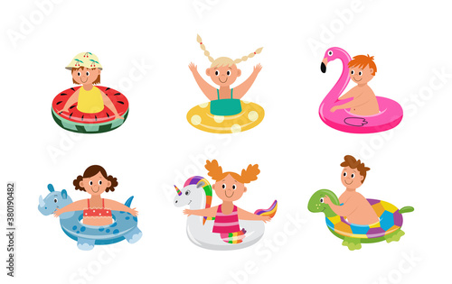 Set of kids swimming with rubber ring, flat cartoon vector illustration isolated