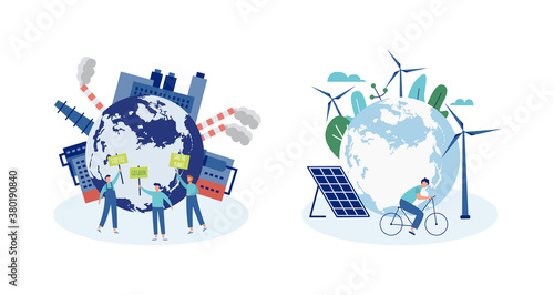 Earth ecology before and after pollution cleaning and clean energy