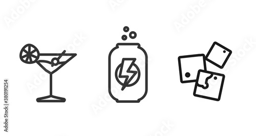 soda line icon set. energy drink, cocktail, ice cubes