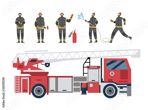 Red firetruck and firefighters, flat cartoon vector illustration isolated