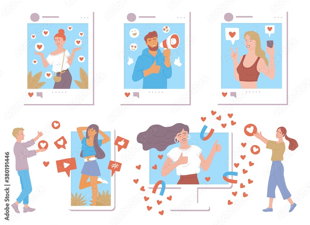 Social media influencers with likes and hearts a set of vector flat illustrations