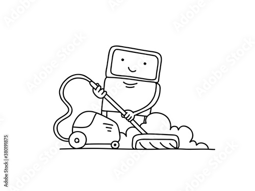 Robot with vacuum sketch. Illustration hand drawn line. Tidy up cleaning. Smart house. Housekeeper the character.
