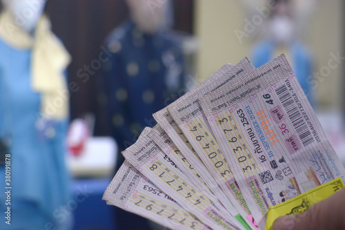 Chiang Mai, Thailand - Sep 24, 2020: Thai lotto in front of PC monitor that broadcasting results of the prize.