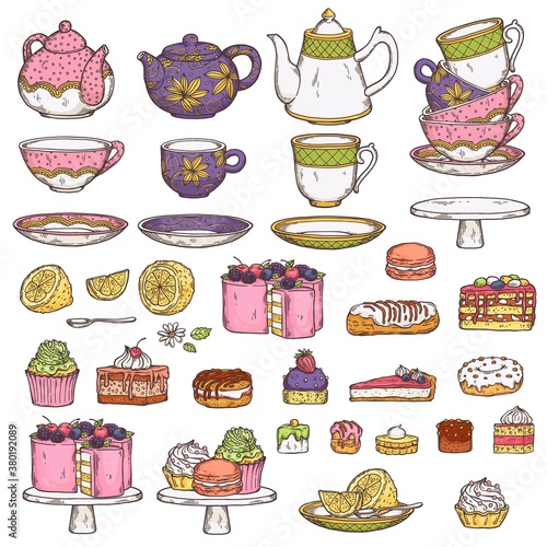 Set of tea utensils and sweet desserts in sketch vector illustration isolated.