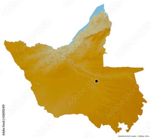 Matabeleland North, province of Zimbabwe, on white. Relief photo