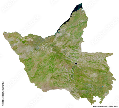 Matabeleland North, province of Zimbabwe, on white. Satellite photo